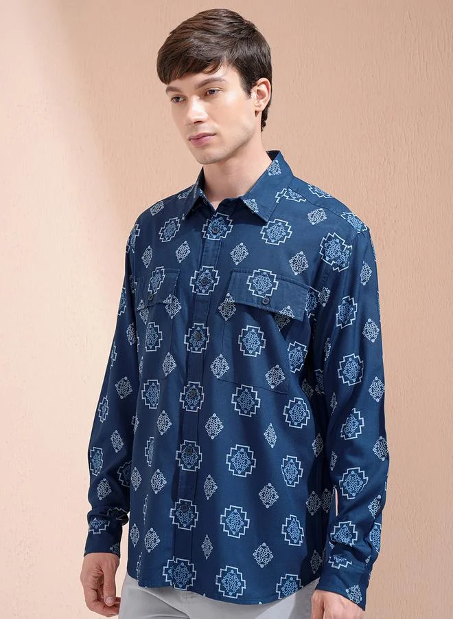 HIGHLANDER HIGHLANDER Printed Oversized Collared Shirt with Pockets