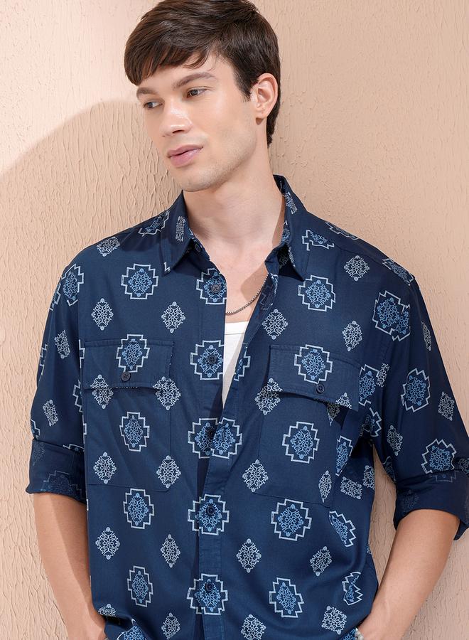 HIGHLANDER Printed Oversized Collared Shirt with Pockets - Image 1