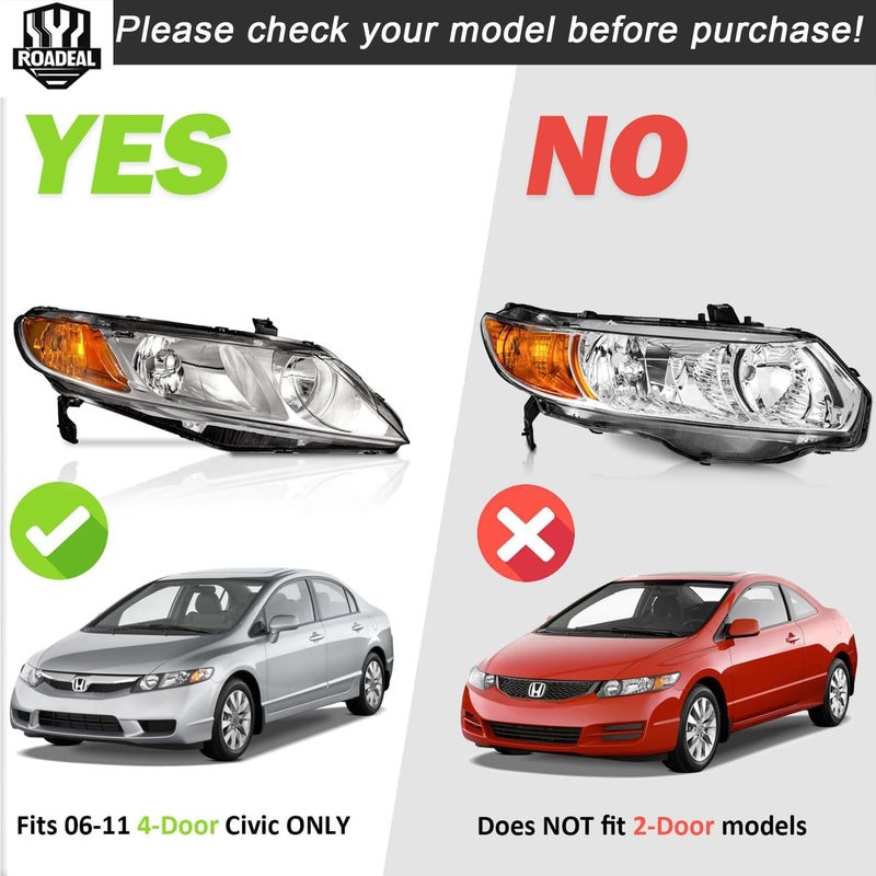ROADEAL Headlights W/Bulbs for 2006-2011 Honda Civic 4-Door Halogen Headlamp Replacement Driver & Passenger Side - Image 2