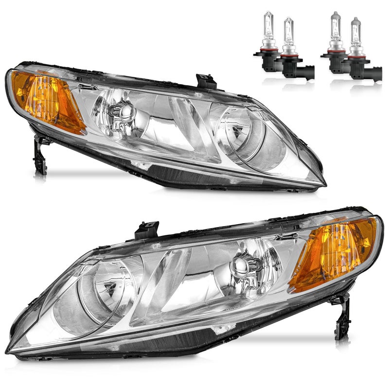 ROADEAL Headlights W/Bulbs for 2006-2011 Honda Civic 4-Door Halogen Headlamp Replacement Driver & Passenger Side - Image 1