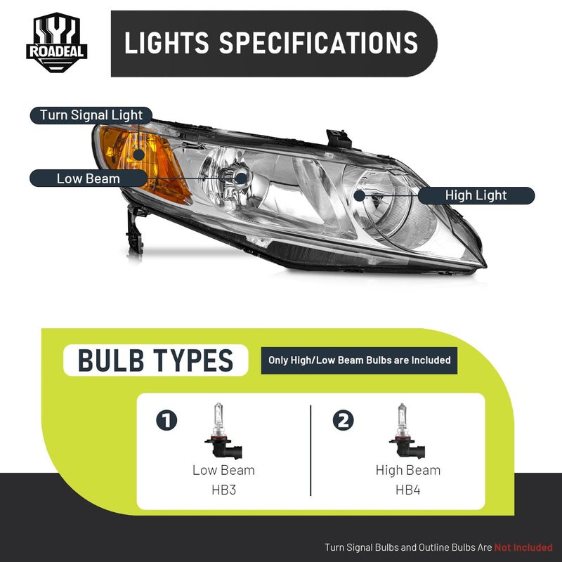 ROADEAL Headlights W/Bulbs for 2006-2011 Honda Civic 4-Door Halogen Headlamp Replacement Driver & Passenger Side - Image 4