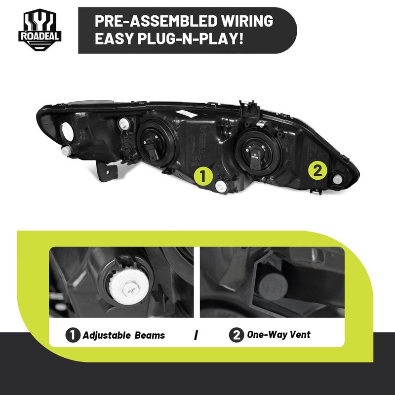 ROADEAL Headlights W/Bulbs for 2006-2011 Honda Civic 4-Door Halogen Headlamp Replacement Driver & Passenger Side - Image 5