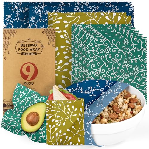 Akeeko Reusable Beeswax Food Wraps  Assorted 9 Packs Reusable PlasticFree Food Storage 5 Small 2 Medium 1 Large 1 Extra Large Wraps with Abstract Curves Pattern - Image 1