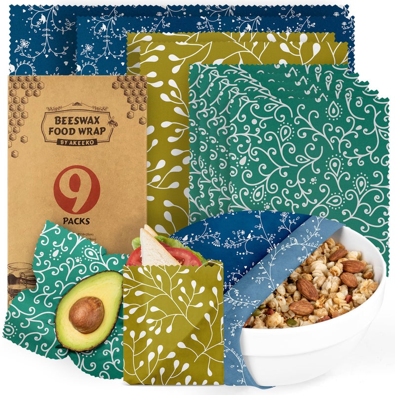 Akeeko Reusable Beeswax Food Wraps  Assorted 9 Packs Reusable PlasticFree Food Storage 5 Small 2 Medium 1 Large 1 Extra Large Wraps with Abstract Curves Pattern - Image 3