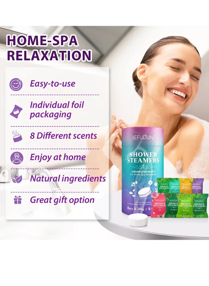 Sefudun 8Pcs Shower Steamers Body Restore Shower Steamers Aromatherapy 8 Scents or Home Spa Relaxation Instant Stress Relief Essential Oils Scent Shower Bath Bombs Variety Scent Shower Bath Bombs  - Image 4