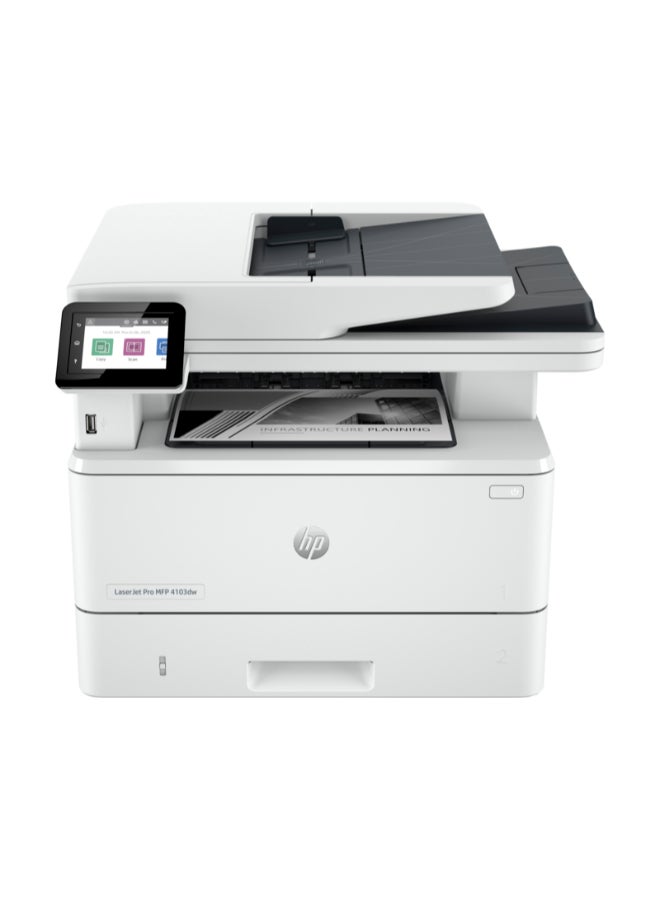 HP طابعة LaserJet Pro MFP 4103dw، شاشة لمس ملونة مقاس 2.7 بوصة، سرعة طباعة تصل إلى 42 صفحة في الدقيقة، سرعة نسخ تصل إلى 40 نسخة في الدقيقة، سعة 50 ورقة لوحدة تغذية المستندات التلقائية 2Z627A - Image 1