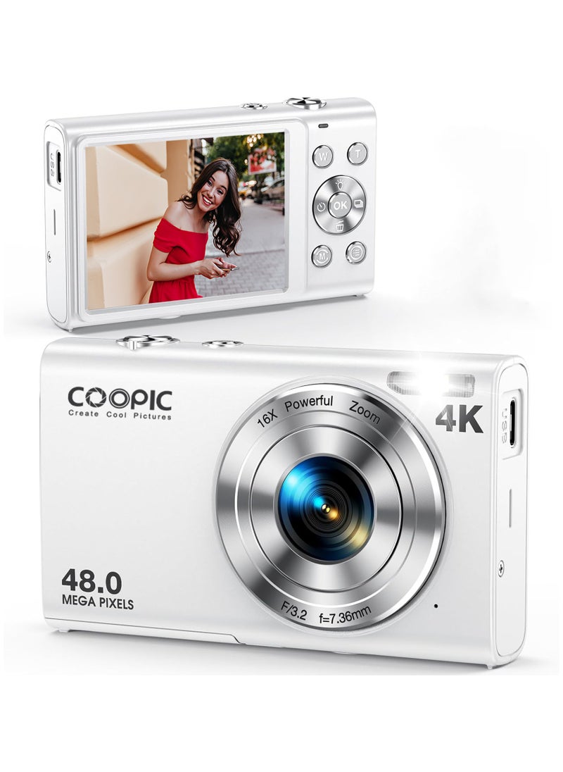 Coopic COOPIC C400K WHITE 4K Digital Camera 48MP 16X Zoom Autofocus Anti-Shake 2.8" LCD Webcam Mode Includes 32GB Card 2x Batteries Lanyard USB Cable Charging Adapter for Vlogging Teens & Beginners  - Image 1
