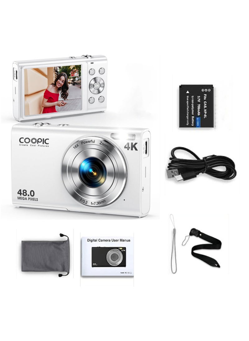 Coopic COOPIC C400K WHITE 4K Digital Camera 48MP 16X Zoom Autofocus Anti-Shake 2.8" LCD Webcam Mode Includes 32GB Card 2x Batteries Lanyard USB Cable Charging Adapter for Vlogging Teens & Beginners  - Image 2