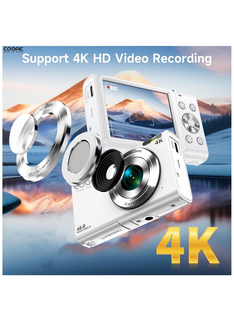 Coopic COOPIC C400K WHITE 4K Digital Camera 48MP 16X Zoom Autofocus Anti-Shake 2.8" LCD Webcam Mode Includes 32GB Card 2x Batteries Lanyard USB Cable Charging Adapter for Vlogging Teens & Beginners  - Image 3
