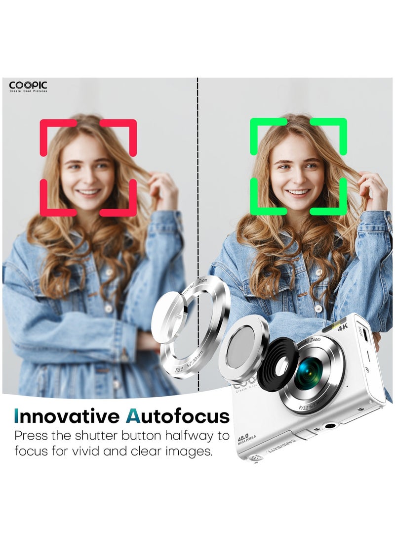 Coopic COOPIC C400K WHITE 4K Digital Camera 48MP 16X Zoom Autofocus Anti-Shake 2.8" LCD Webcam Mode Includes 32GB Card 2x Batteries Lanyard USB Cable Charging Adapter for Vlogging Teens & Beginners  - Image 4