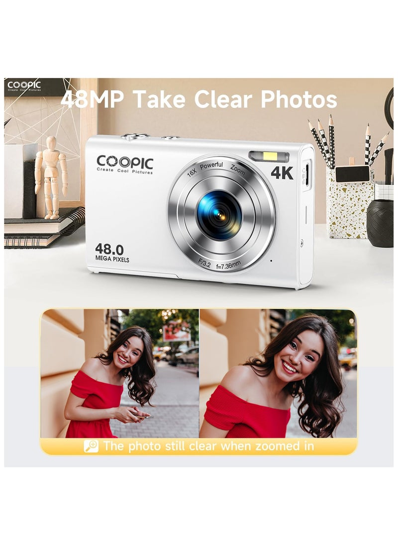 Coopic COOPIC C400K WHITE 4K Digital Camera 48MP 16X Zoom Autofocus Anti-Shake 2.8" LCD Webcam Mode Includes 32GB Card 2x Batteries Lanyard USB Cable Charging Adapter for Vlogging Teens & Beginners  - Image 5