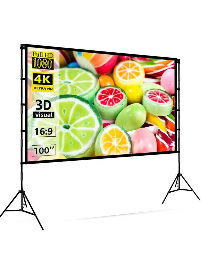 CityRiya-Long Projector Screen and Stand, 100 inch Portable Projector Screen with Stand, Indoor Outdoor Projection Screen, 16:9 4K HD Wrinkle-Free Movie Screen with Carry Bag for Home Movie Theater  - Image 1