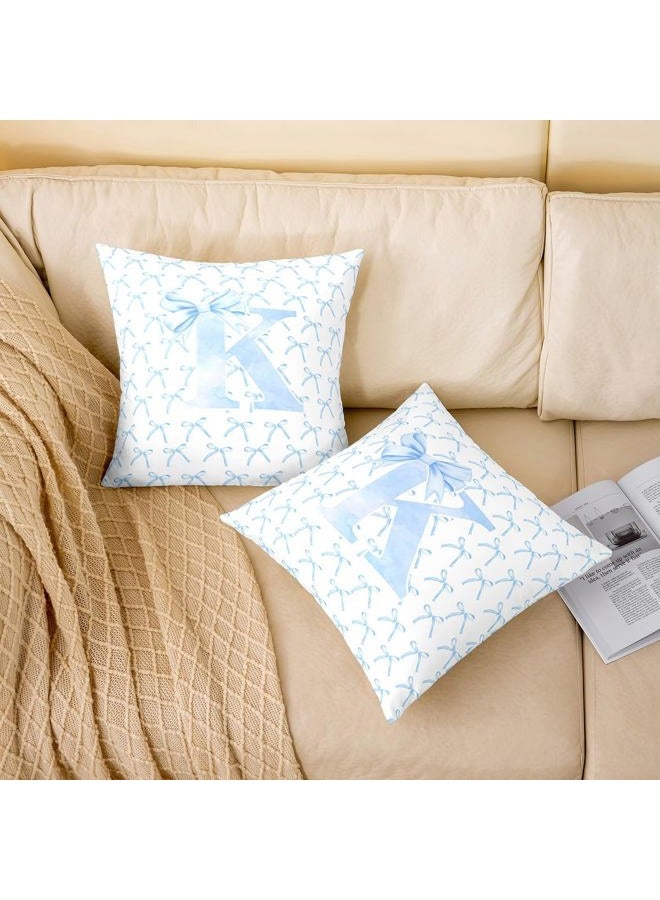 Man Fei Cartoon Bowknot Kids Throw Pillow Cover,Blue Bow Tie Letter K Knot Princess Double Sides Pillow Case Girls Women,Watercolor Bow Patchwork Blue White Bed Couch Sofa Cushion Cover,Single Pack 18"x18" - Image 2
