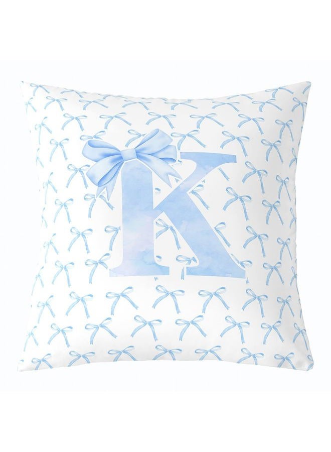 Man Fei Cartoon Bowknot Kids Throw Pillow Cover,Blue Bow Tie Letter K Knot Princess Double Sides Pillow Case Girls Women,Watercolor Bow Patchwork Blue White Bed Couch Sofa Cushion Cover,Single Pack 18"x18" - Image 1