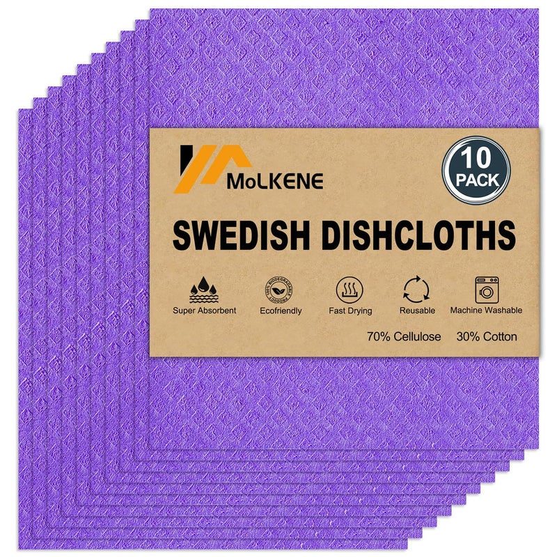 MoLKENE Swedish Dishcloths  10 Pack Reusable Kitchen Dishcloths  Ultra Absorbent Dish Towels for Washing Dishes  Cellulose Sponge Cloth Cleaning Cloths  Purple