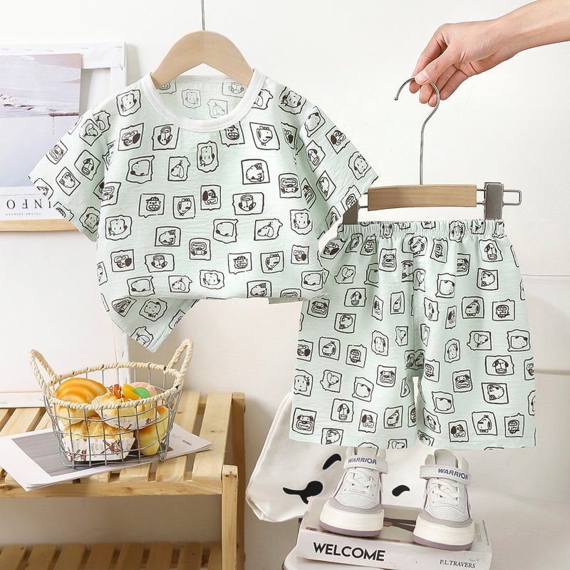 Summer new boys short sleeve shorts loose foreign style two-piece girls short sleeve suit manufacturers wholesale home clothes Yt-04 fruit green short-sleeved shorts