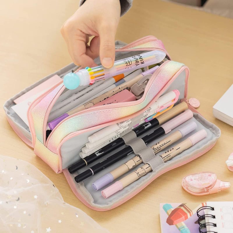 Large Capacity Pencil Case 3 Compartment Pencil Pouch Pen Bag for Teen Girls Boy Men Women (Rainbow) - Image 2