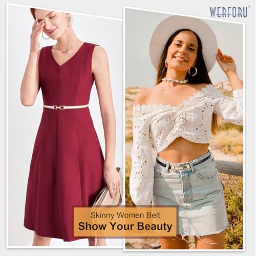 Werforu حزام نحيف للنساء من WERFORU - 3 عبوات، حزام خصر رفيع - حزام جلد قابل للتعديل مع مشبك ذهبي، أسود + بني + بيج، يناسب محيط الخصر أقل من 37 بوصة - Image 3