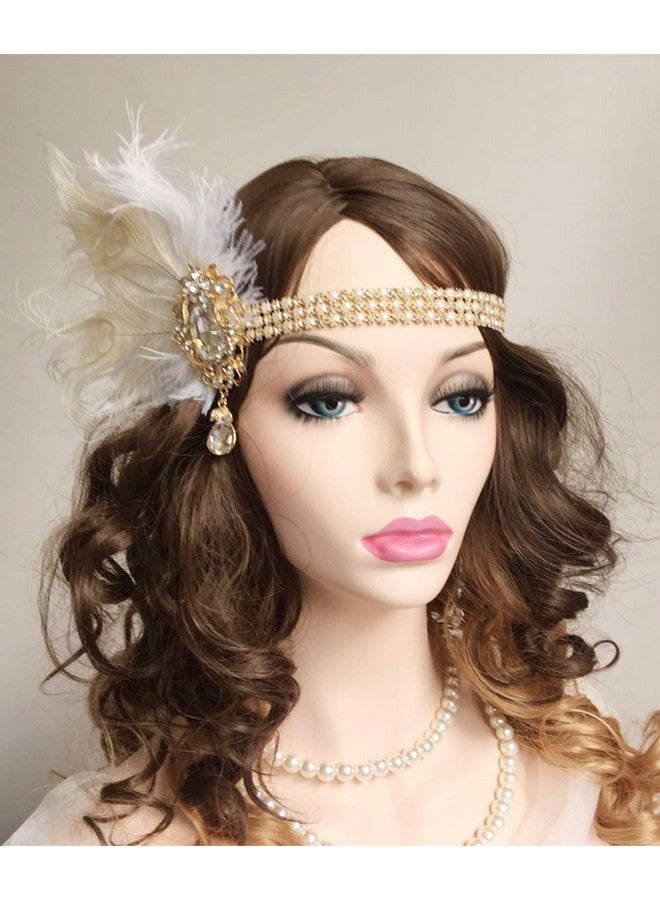 Chmier Hmier Bridal 1920S Flapper Feather Headband With Crystal Pearl Head Chain White Feather Roaring 20S Headpiece Prom Party Festival Gatsby Hair Jewelry For Women And Girls - Image 3