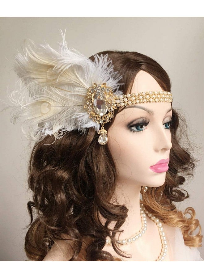 Chmier Hmier Bridal 1920S Flapper Feather Headband With Crystal Pearl Head Chain White Feather Roaring 20S Headpiece Prom Party Festival Gatsby Hair Jewelry For Women And Girls - Image 4