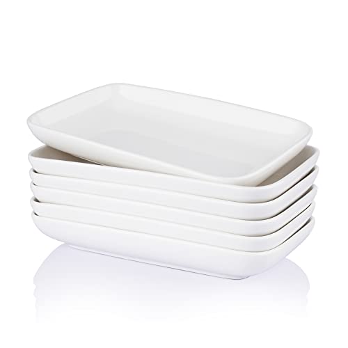 Sweese 8 Inch Rectangular Salad Plates, Porcelain Dessert Plates, Small White Serving Trays for Salad, Fruit, Sushi Appetizer and Parties - Stackable, Set of 6, White - Image 1
