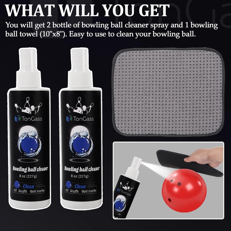 TonGass (2+1 Pack Bowling Ball Cleaner Spray Kit with Bowling Towel Portable Bowling Cleaner Set Bowling Accessories Oil Scuff Mark Cleaner Restores Tack and Prolongs Lifespan of Ball - Image 5