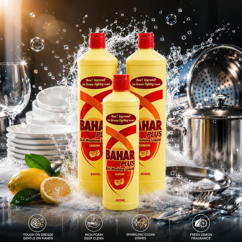 Bahar Premium Dishwash Liquid, Lemon, Powerful Grease and Stain Removal, Gentle on Hands, Long Lasting Freshness (Pack of 2 x 800 Ml, Pack of 1 x 400 Ml Free) - Image 3