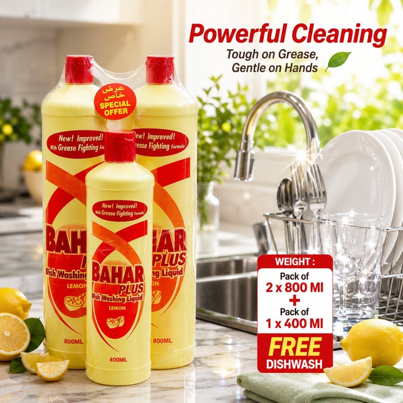 Bahar Premium Dishwash Liquid, Lemon, Powerful Grease and Stain Removal, Gentle on Hands, Long Lasting Freshness (Pack of 2 x 800 Ml, Pack of 1 x 400 Ml Free) - Image 2