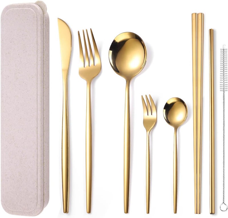 AARainbow 8 Pieces Stainless Steel Flatware Set Portable Reusable Cutlery Set Travel Utensils Set Including Chopsticks Knife Fork Spoon Straws Cleaning Brush Dishwasher Safe (Golden) - Image 1