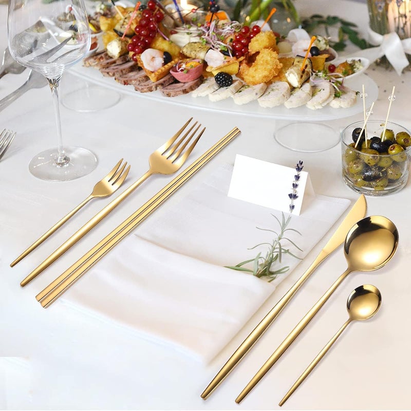 AARainbow 8 Pieces Stainless Steel Flatware Set Portable Reusable Cutlery Set Travel Utensils Set Including Chopsticks Knife Fork Spoon Straws Cleaning Brush Dishwasher Safe (Golden) - Image 4