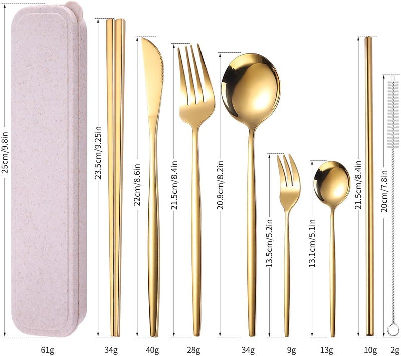 AARainbow 8 Pieces Stainless Steel Flatware Set Portable Reusable Cutlery Set Travel Utensils Set Including Chopsticks Knife Fork Spoon Straws Cleaning Brush Dishwasher Safe (Golden) - Image 2