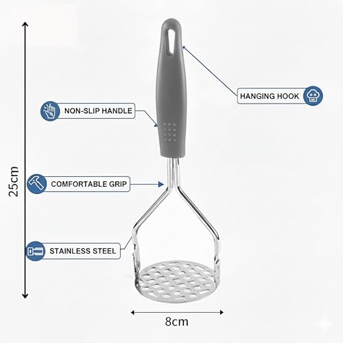 DORMICO® Potato Masher-Food-Grade Stainless Steel Vegetable Masher with Non-Slip Heat Resistant Handle-Large Round Press Plate Kitchen Gadget for Mashed Potatoes, Pav Bhaji, Fruits & Baby Food, Grey - Image 2