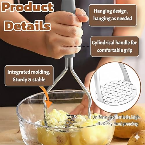 DORMICO® Potato Masher-Food-Grade Stainless Steel Vegetable Masher with Non-Slip Heat Resistant Handle-Large Round Press Plate Kitchen Gadget for Mashed Potatoes, Pav Bhaji, Fruits & Baby Food, Grey - Image 3