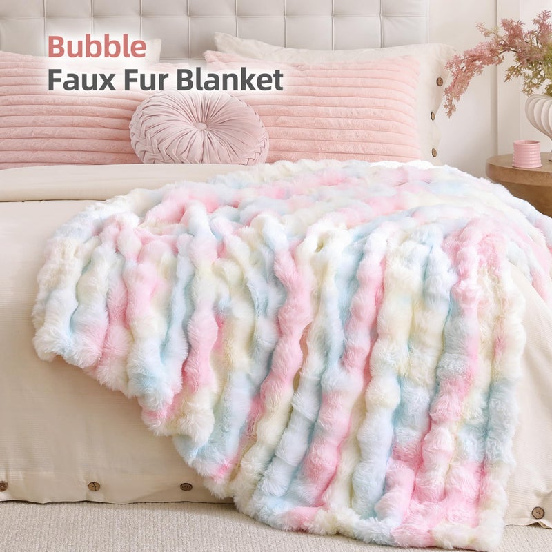 Smoofy Faux Fur Throw Blanket for Couch â€“ Rainbow Fluffy Cozy Rabbit Fleece, Plush Soft Bubble Blanket for Sofa & Bed, for Mom, Warm Fuzzy Home Room Decor Throw 60" x 80" - Image 2