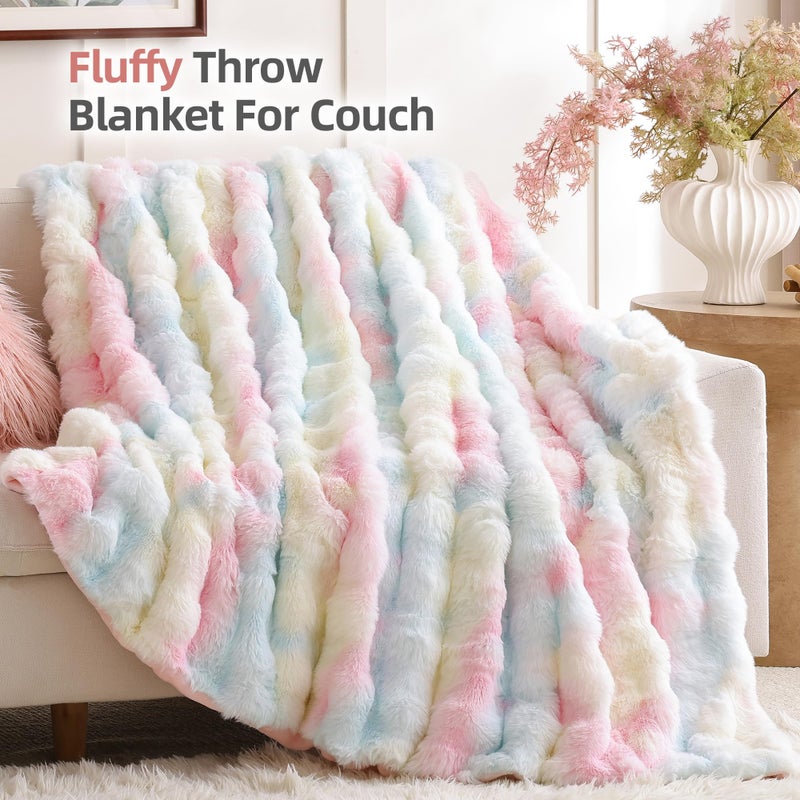 Smoofy Faux Fur Throw Blanket for Couch â€“ Rainbow Fluffy Cozy Rabbit Fleece, Plush Soft Bubble Blanket for Sofa & Bed, for Mom, Warm Fuzzy Home Room Decor Throw 60" x 80" - Image 3
