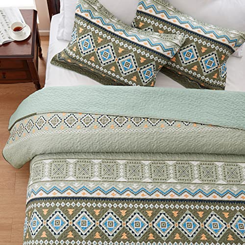 LEAONME Quilt Set King Size 3 Piece Bedspread Coverlet Lightweight Comforter Microfiber Bedding Set All Season Oversized 98x106 Inch Bed Cover Bohemian Patchwork Olive Green(1 Quilt, 2 Pillow Shams) - Image 5