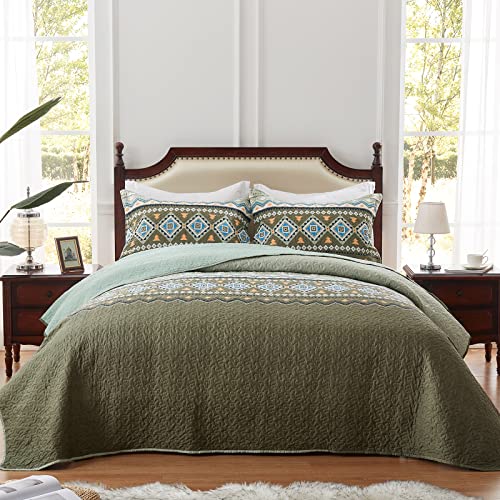 LEAONME Quilt Set King Size 3 Piece Bedspread Coverlet Lightweight Comforter Microfiber Bedding Set All Season Oversized 98x106 Inch Bed Cover Bohemian Patchwork Olive Green(1 Quilt, 2 Pillow Shams) - Image 2