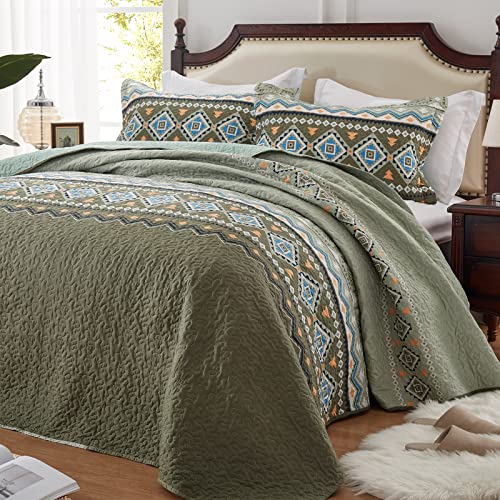 LEAONME Quilt Set King Size 3 Piece Bedspread Coverlet Lightweight Comforter Microfiber Bedding Set All Season Oversized 98x106 Inch Bed Cover Bohemian Patchwork Olive Green(1 Quilt, 2 Pillow Shams) - Image 1