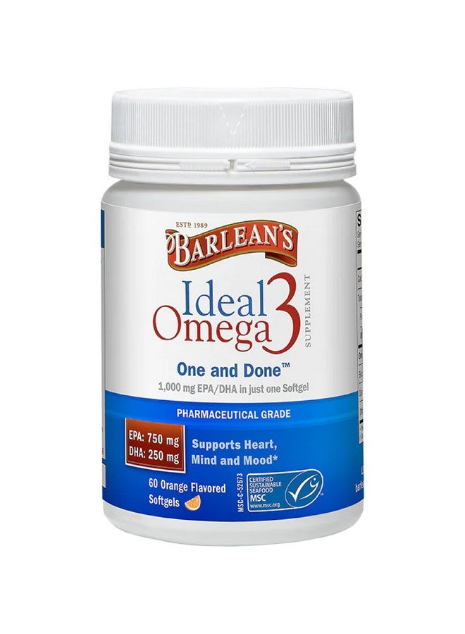 Barlean's Ideal Omega 3 Fish Oil Supplement, 1,000 mg Softgels, Pharmaceutical Grade EPA & DHA for Brain, Joint, & Heart Health, Orange Flavor, 60 ct - Image 1