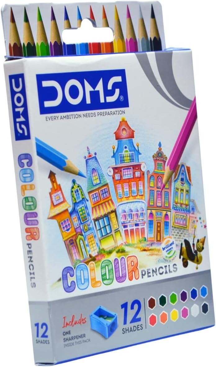 DOMS Colour Pencils – 12 Shades with Sharpener | Hexagonal Smooth Coloring Pencils - Image 1