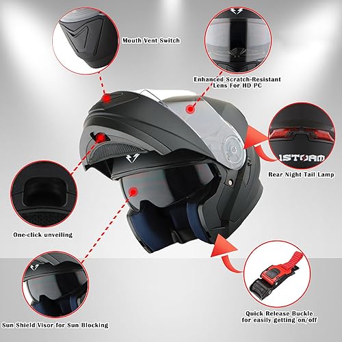 1Storm New Motorcycle Bike Modular Full Face Helmet Dual Visor Sun Shield with Rechargeable LED Tail Light: Matt Black - Image 3