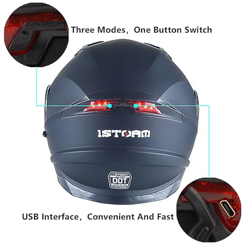 1Storm New Motorcycle Bike Modular Full Face Helmet Dual Visor Sun Shield with Rechargeable LED Tail Light: Matt Black - Image 4