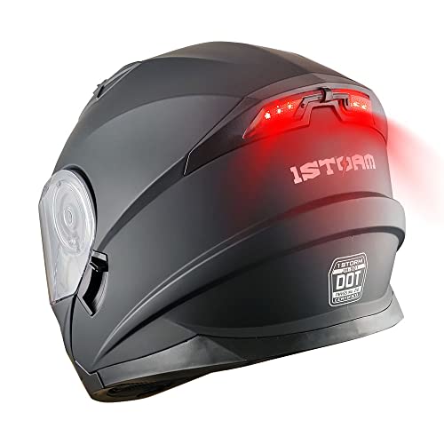 1Storm New Motorcycle Bike Modular Full Face Helmet Dual Visor Sun Shield with Rechargeable LED Tail Light: Matt Black - Image 5