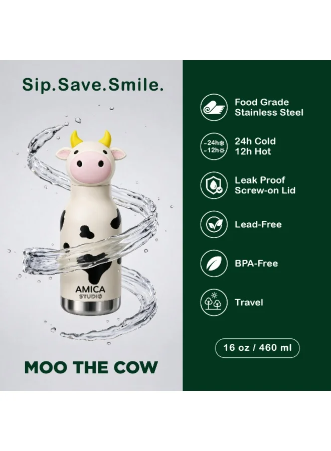 Amica Moo the Cow Kids Water Bottle 460ml Insulated Stainless Steel Moo the Cow - AMICA STUDIO  | Best Price UAE