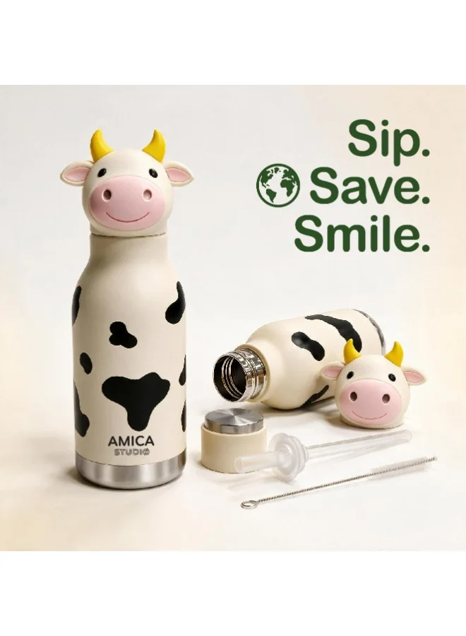 Amica Moo the Cow Kids Water Bottle 460ml Insulated Stainless Steel Moo the Cow - AMICA STUDIO  | Best Price UAE