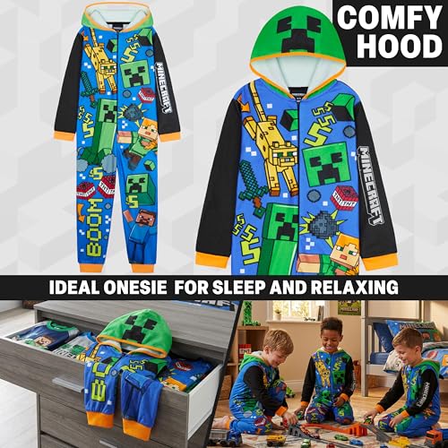 Get Trend Minecraft One Piece Pajamas for Boys Teens Hooded Long Sleeved Fleece Jumpsuit Zip Up Sleepwear Creeper Loungewear PJs Gifts for Boys 1112 Years Multi Hooded Minecraft - Image 3