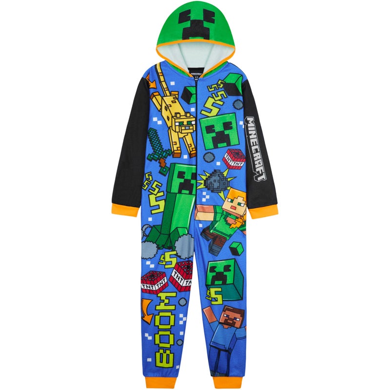 Get Trend Minecraft One Piece Pajamas for Boys Teens Hooded Long Sleeved Fleece Jumpsuit Zip Up Sleepwear Creeper Loungewear PJs Gifts for Boys 1112 Years Multi Hooded Minecraft - Image 2