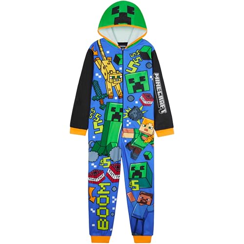 Get Trend Minecraft One Piece Pajamas for Boys Teens Hooded Long Sleeved Fleece Jumpsuit Zip Up Sleepwear Creeper Loungewear PJs Gifts for Boys 1112 Years Multi Hooded Minecraft - Image 1