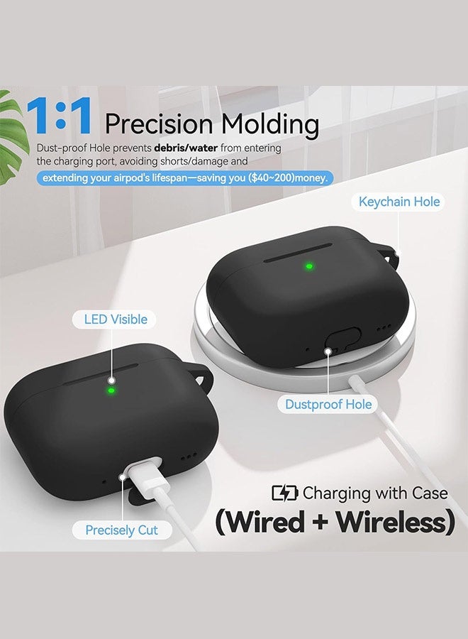 جراب سيليكون ناعم لسماعات AirPods Pro 3 (2025)، [حماية شاملة 360 درجة بمعايير عسكرية] [شحن لاسلكي وسلكي] [تصميم قطعة واحدة] [حماية من الخدوش والغبار] غطاء سميك ناعم للحماية من السقوط مع سلسلة مفاتيح مضادة للضياع لسماعات AirPods Pro 3، أسود - Image 2