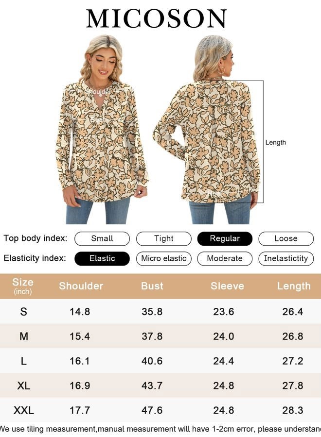 Micoson Womens Tops Dressy Casual Long Sleeve Business Knit T Shirts V Neck Pleated Work Blouses Loose Fall Trendy Clothes, Apricot_orange Floral, L - Image 5